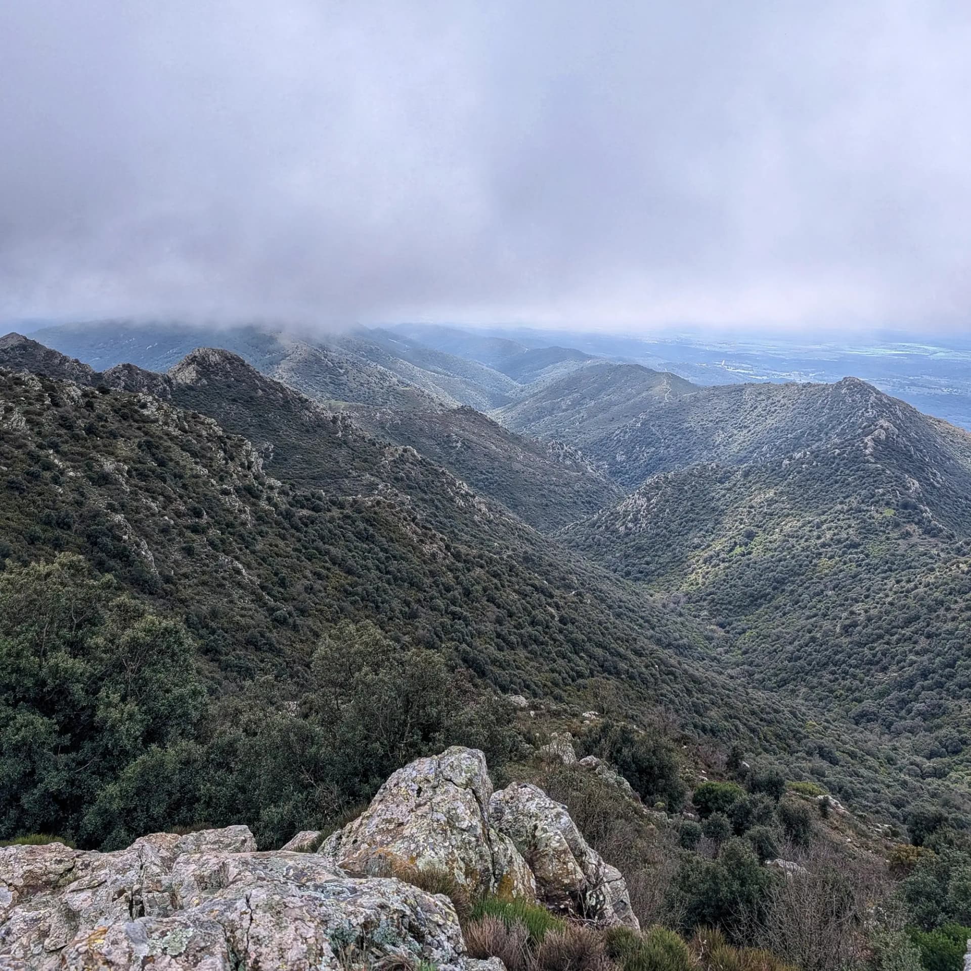 Vista panoràmica d'una vall muntanyosa sota un cel ennuvolat, amb roques en primer pla i vegetació espessa.