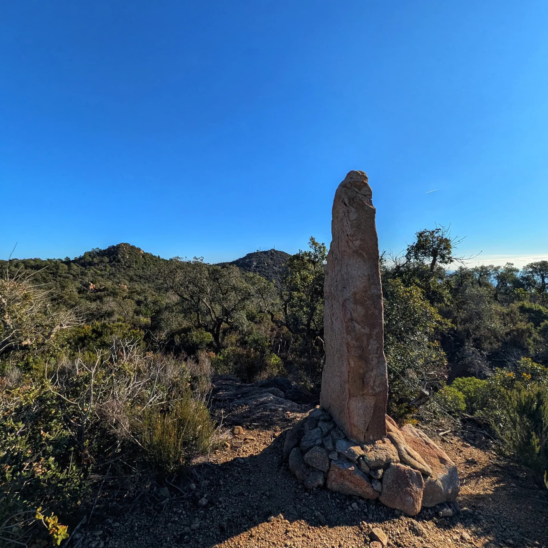 Menhir de les Sorres with Puig Gros mountain in the background.