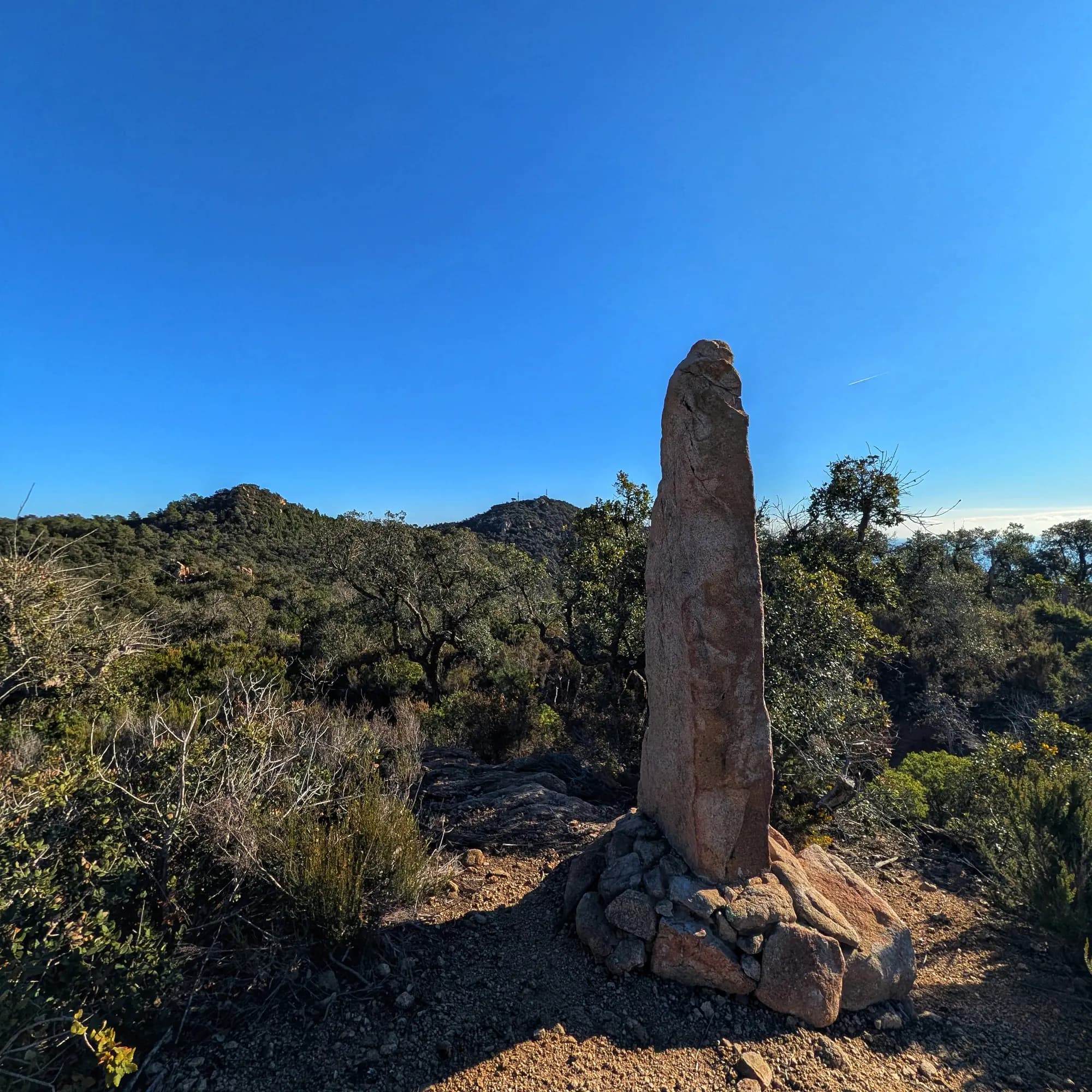 Menhir de las Sorres con la montaña Puig Gros al fondo.