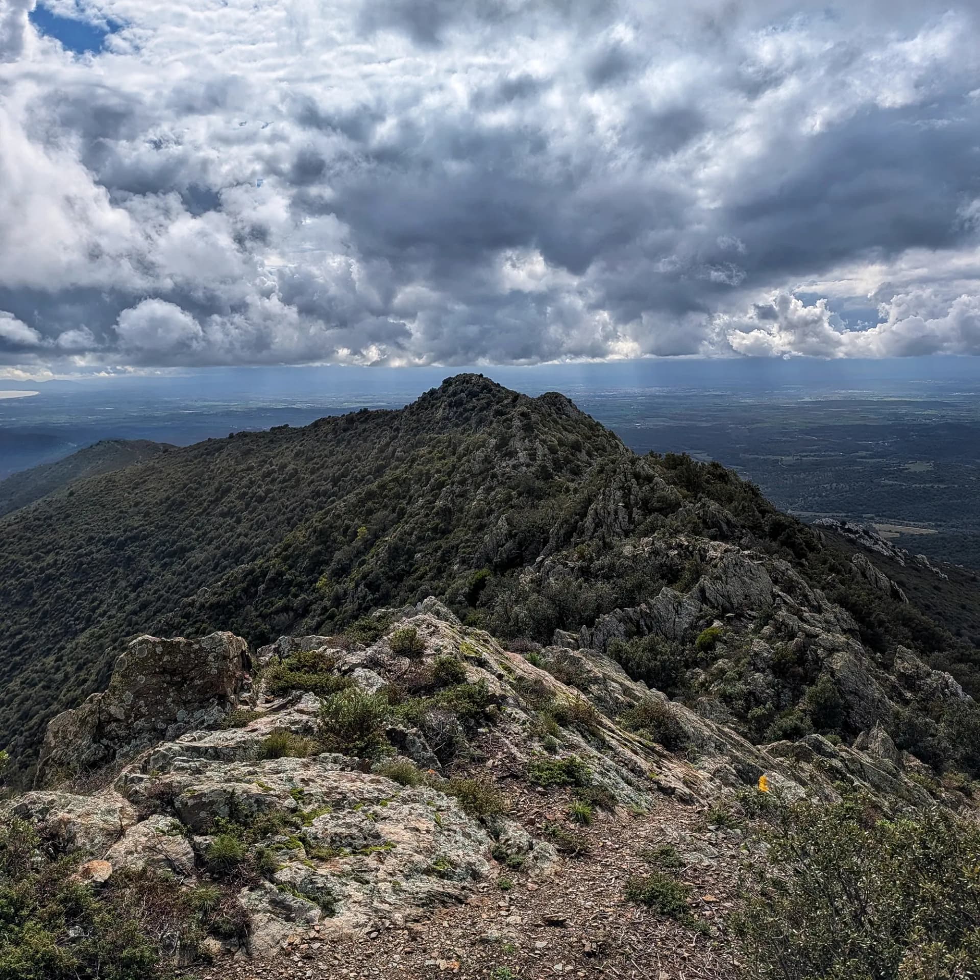 Cresta rocosa amb vegetació sota un cel ennuvolat i vistes a la plana distant. Marcatge groc visible.