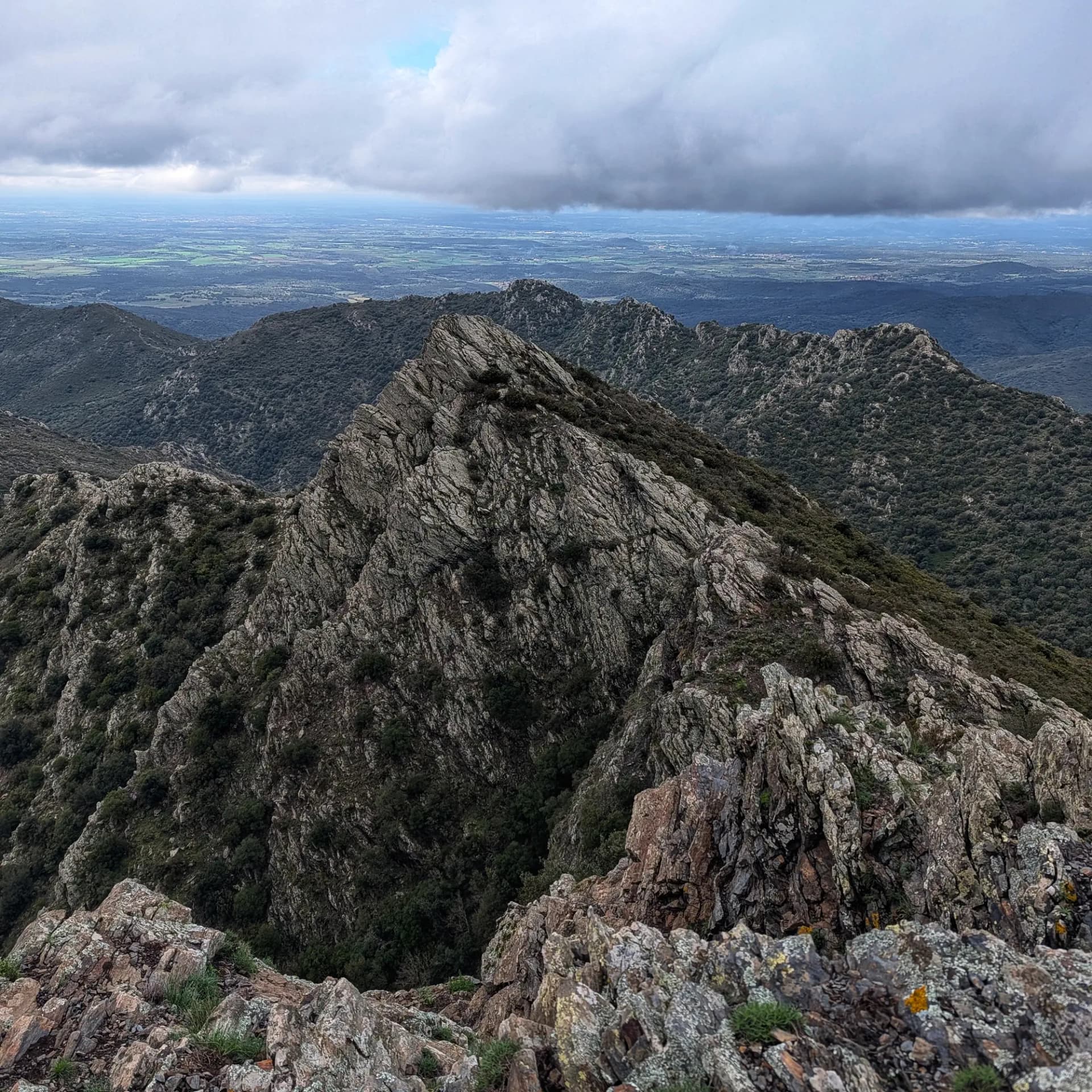 Crestes rocoses escarpades amb vegetació sota un cel gris ennuvolat, amb una plana agrícola extensa al fons.