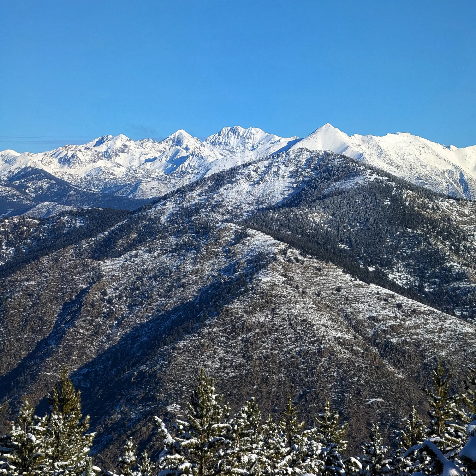 Panoràmica de pics pirinencs nevats des de la Torreta de l'Orri.