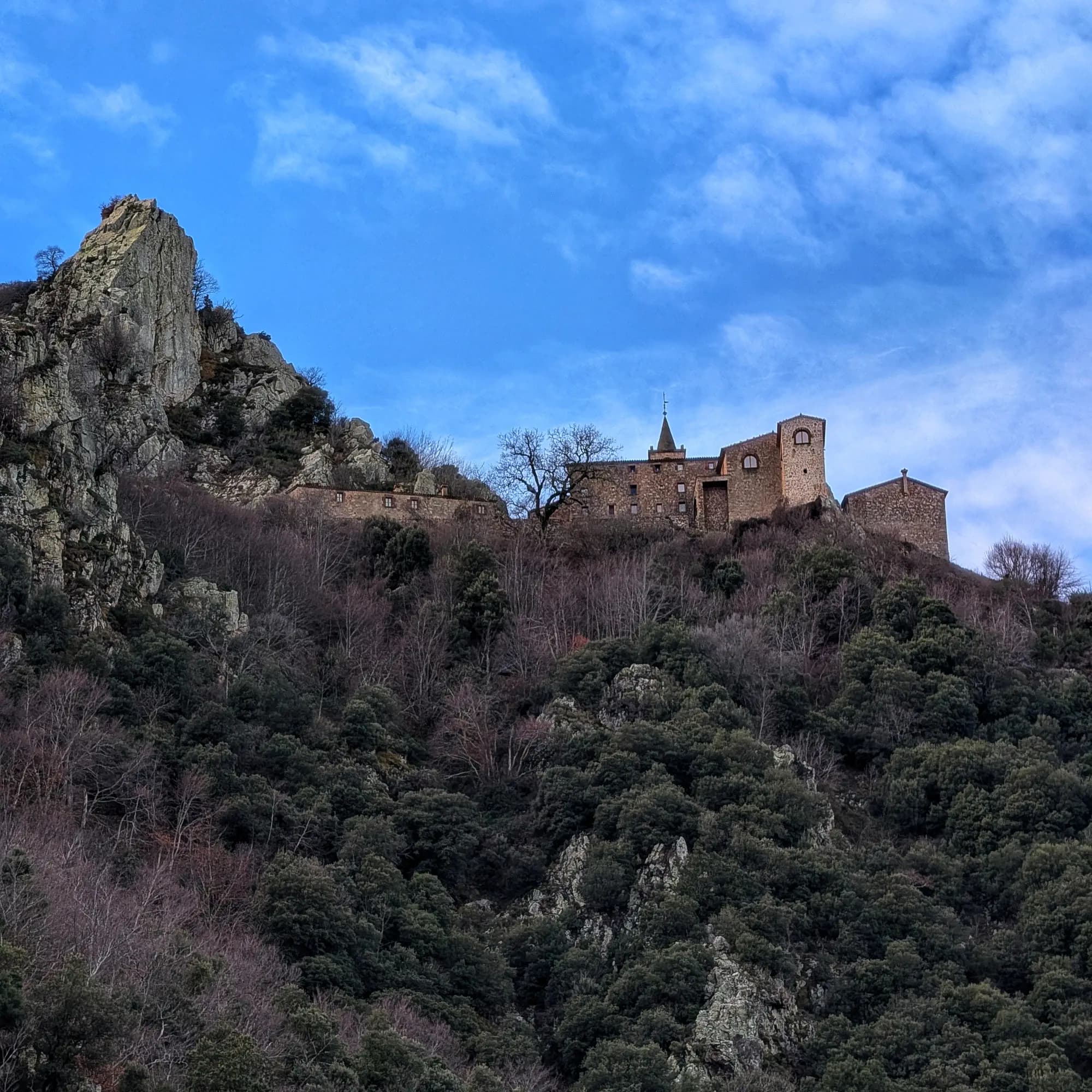 Vista de Sant Segimon des de l'Ermita de l'Erola. Paisatge de muntanya amb vegetació.