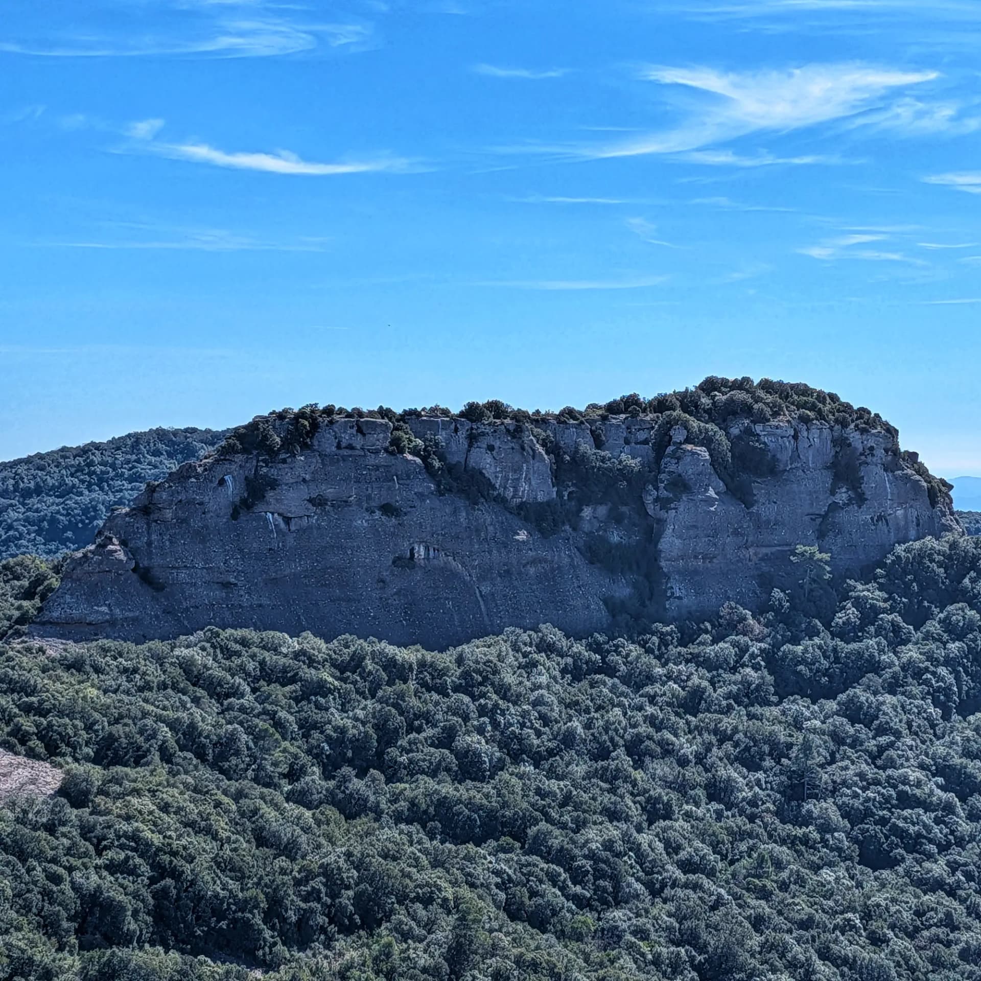 Vista de Castellsapera, una imponent formació rocosa amb cims arborats, envoltada de bosc dens sota un cel blau clar.