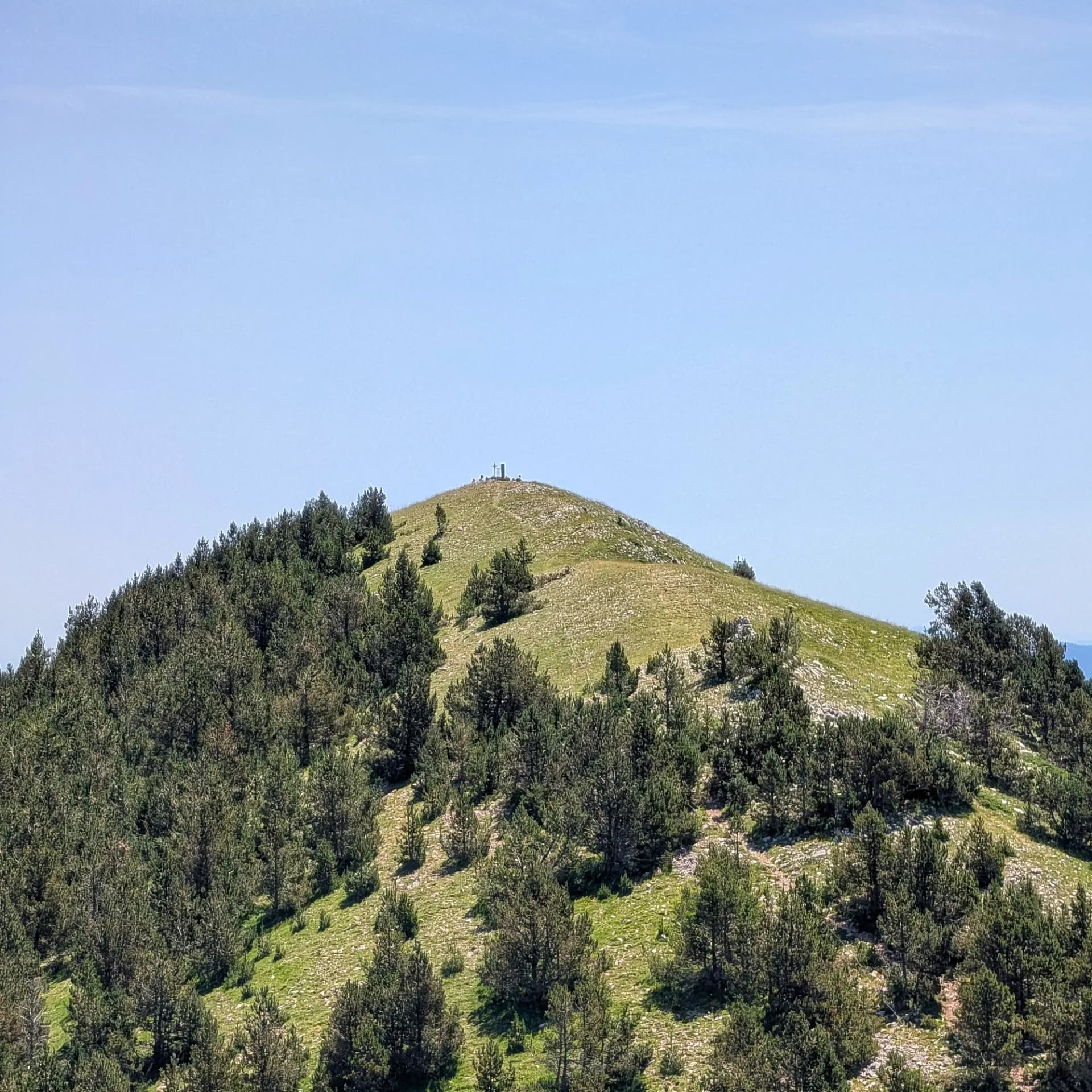 Ascending Costa Pubilla (or Pla de Pujals) from the Montgrony Sanctuary, a scenic mountain peak featuring a grassy path and three crosses at its summit, surrounded by lush evergreen trees. Grassy, treelined mountain peak with a path and three crosses on the summit under a clear blue sky.