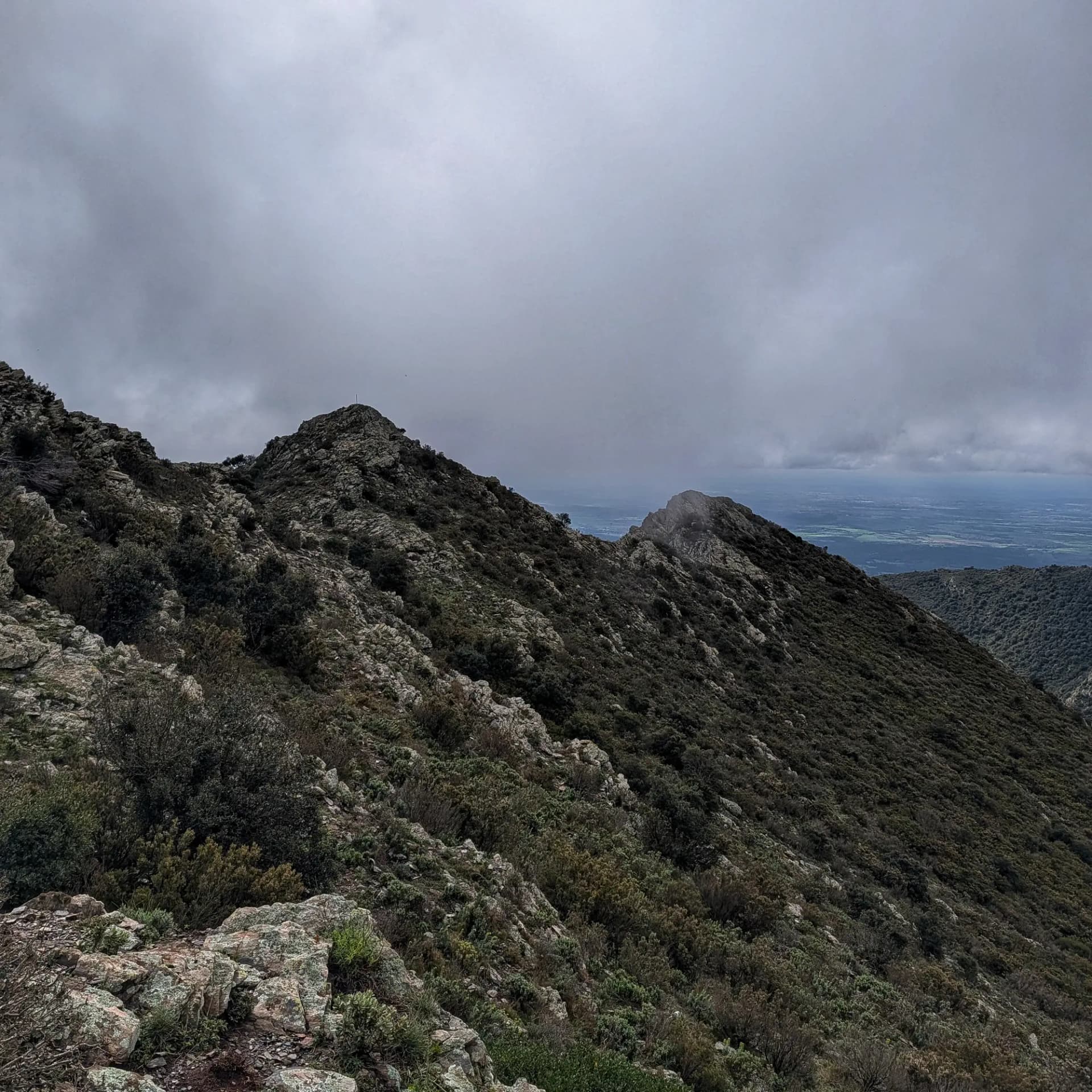 Cordillera rocosa cubierta de vegetación bajo un cielo nublado, con un valle distante en el horizonte.