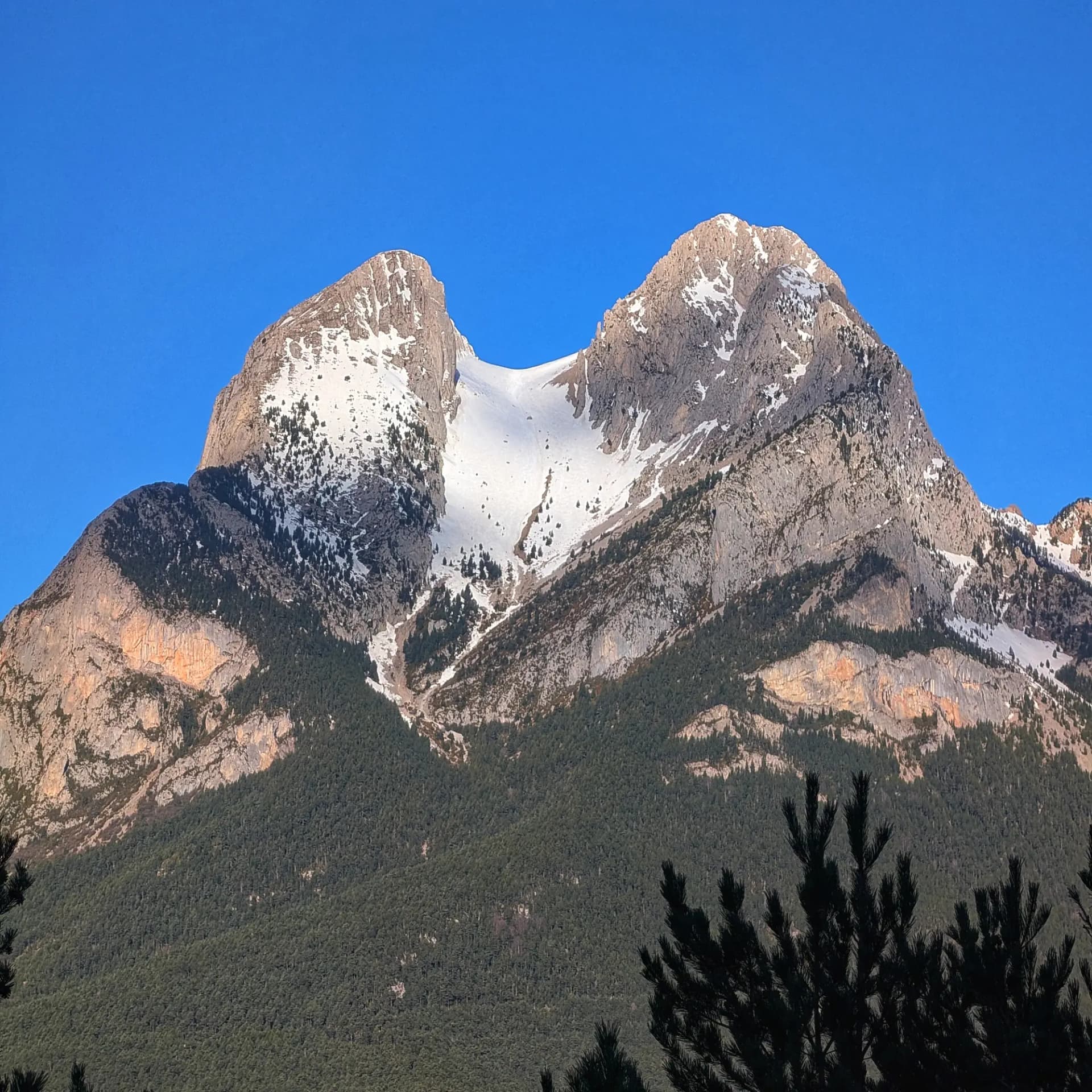 Muntanya del Pedraforca amb els seus cims bessons nevats, bosc verd fosc i cel blau clar.