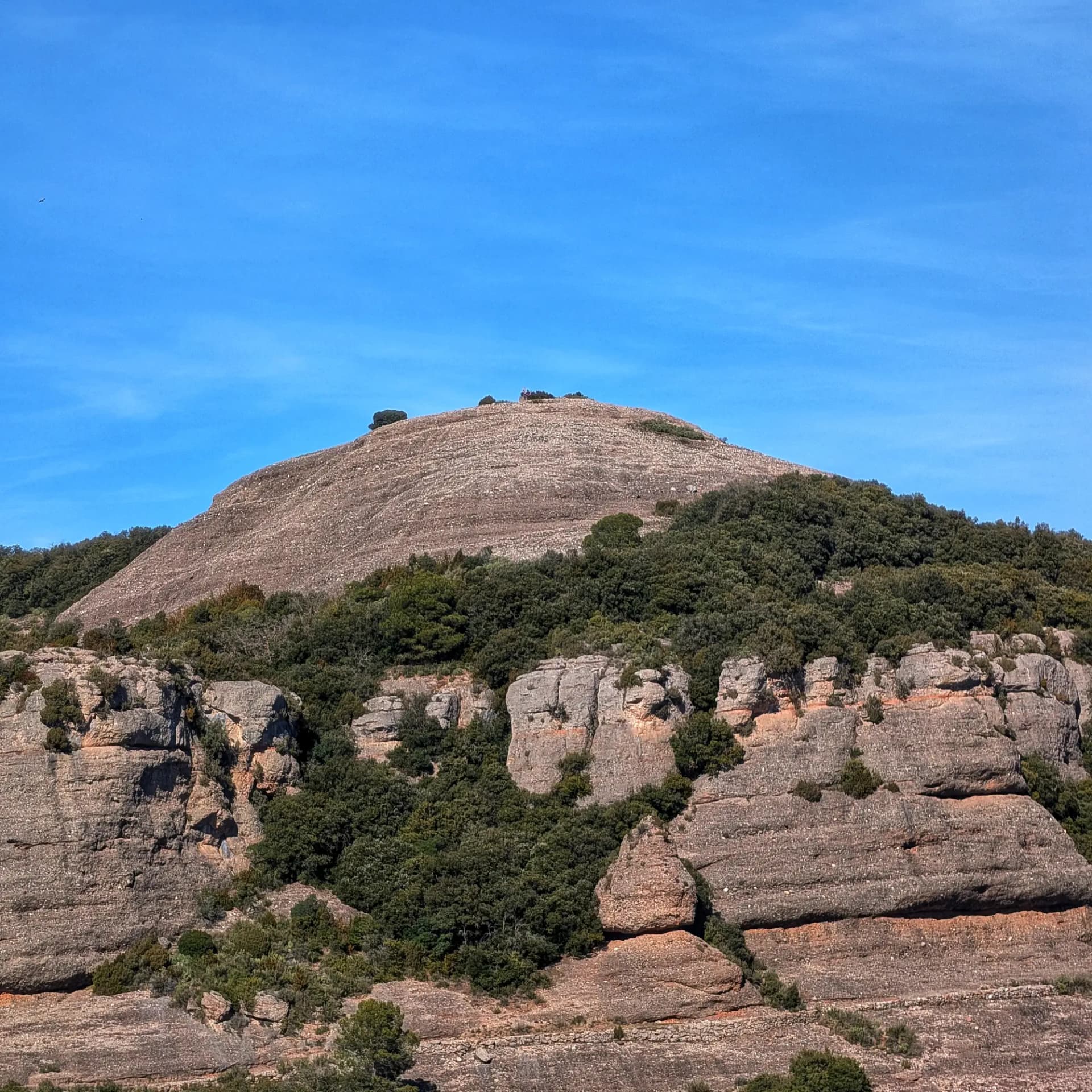 Colina rocosa del Turó de la Pola con vegetación densa bajo un cielo azul claro y sereno.