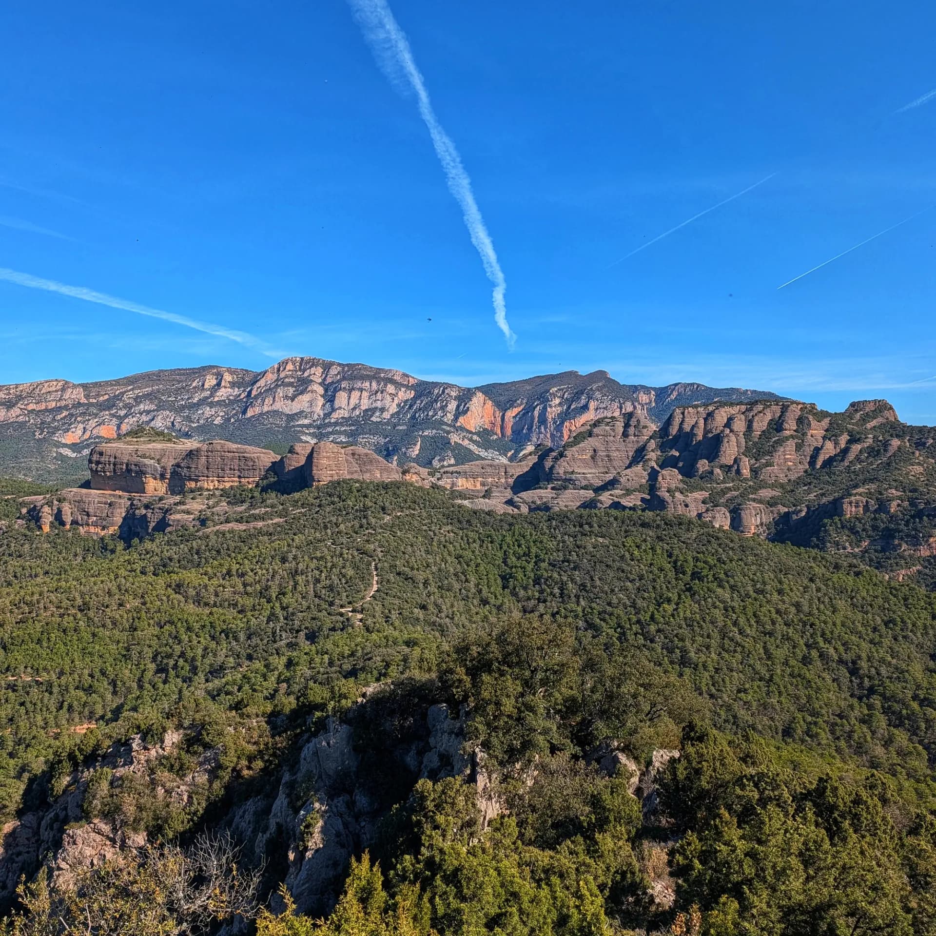 Paisatge muntanyós amb formacions rocoses estratificades, densos boscos verds i cel blau clar amb esteles.