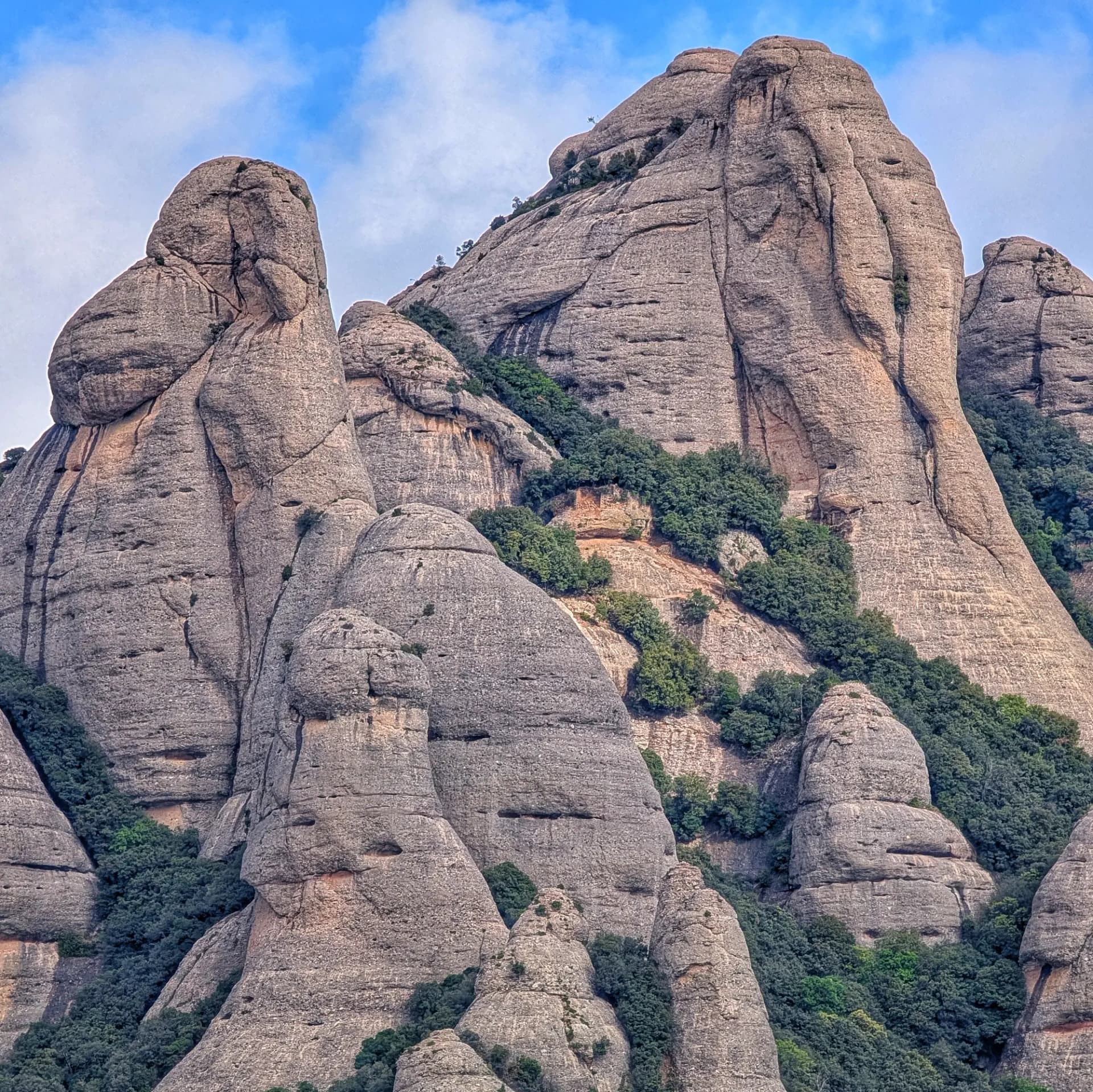 Massive grey elephant-shaped rock formations of Montserrat with green vegetation and blue sky.