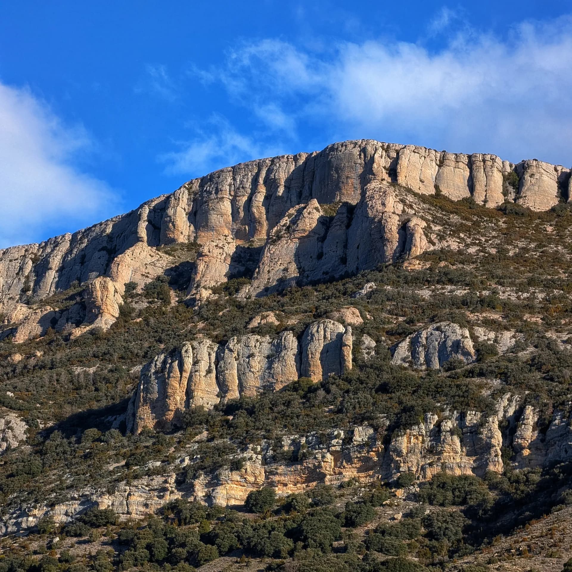 Pared rocosa escarpada con capas verticales y vegetación dispersa, bajo un cielo azul brillante con nubes blancas.