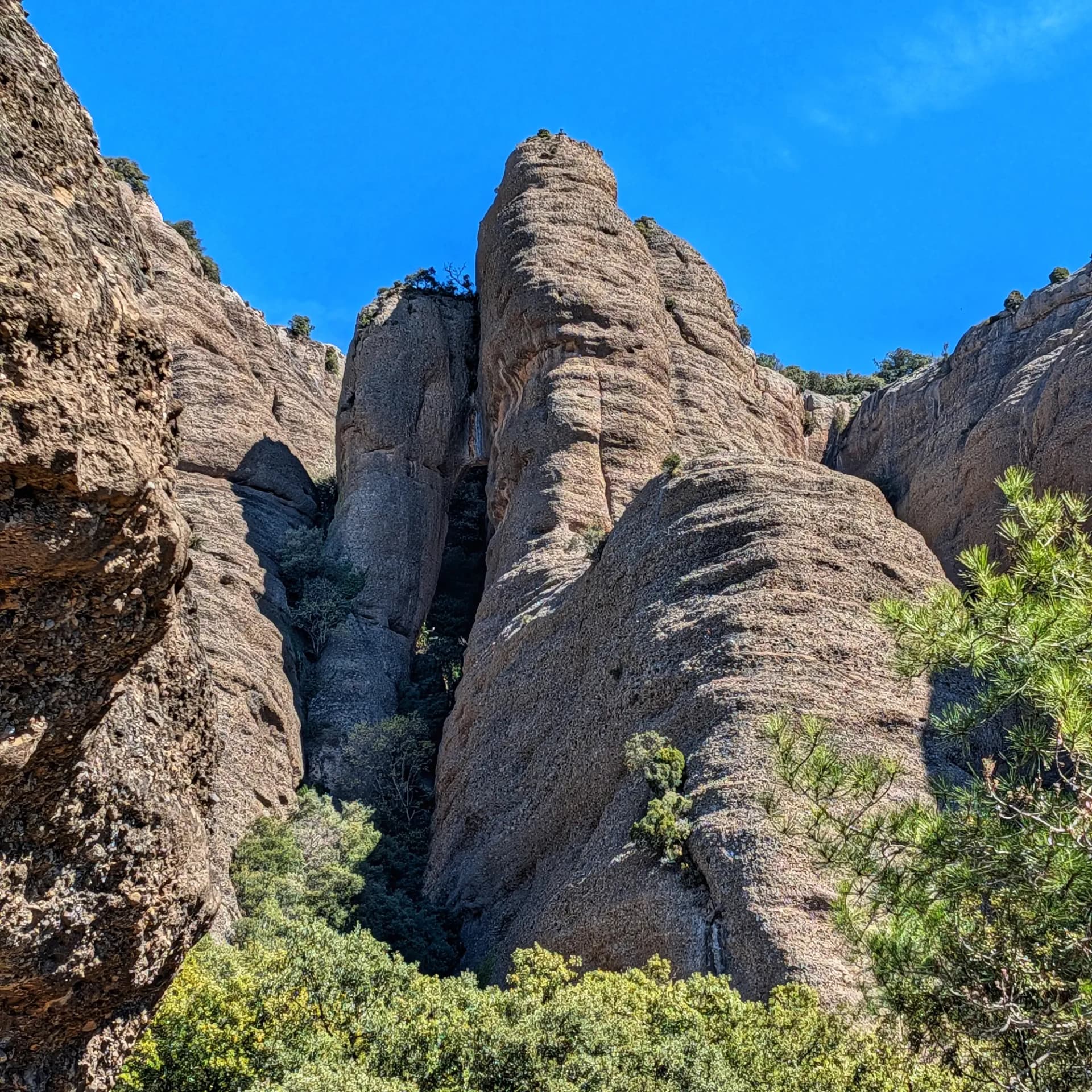 Imponent formació rocosa de conglomerats anomenada "La Catedral" a Sant Honorat, amb vegetació i cel blau.