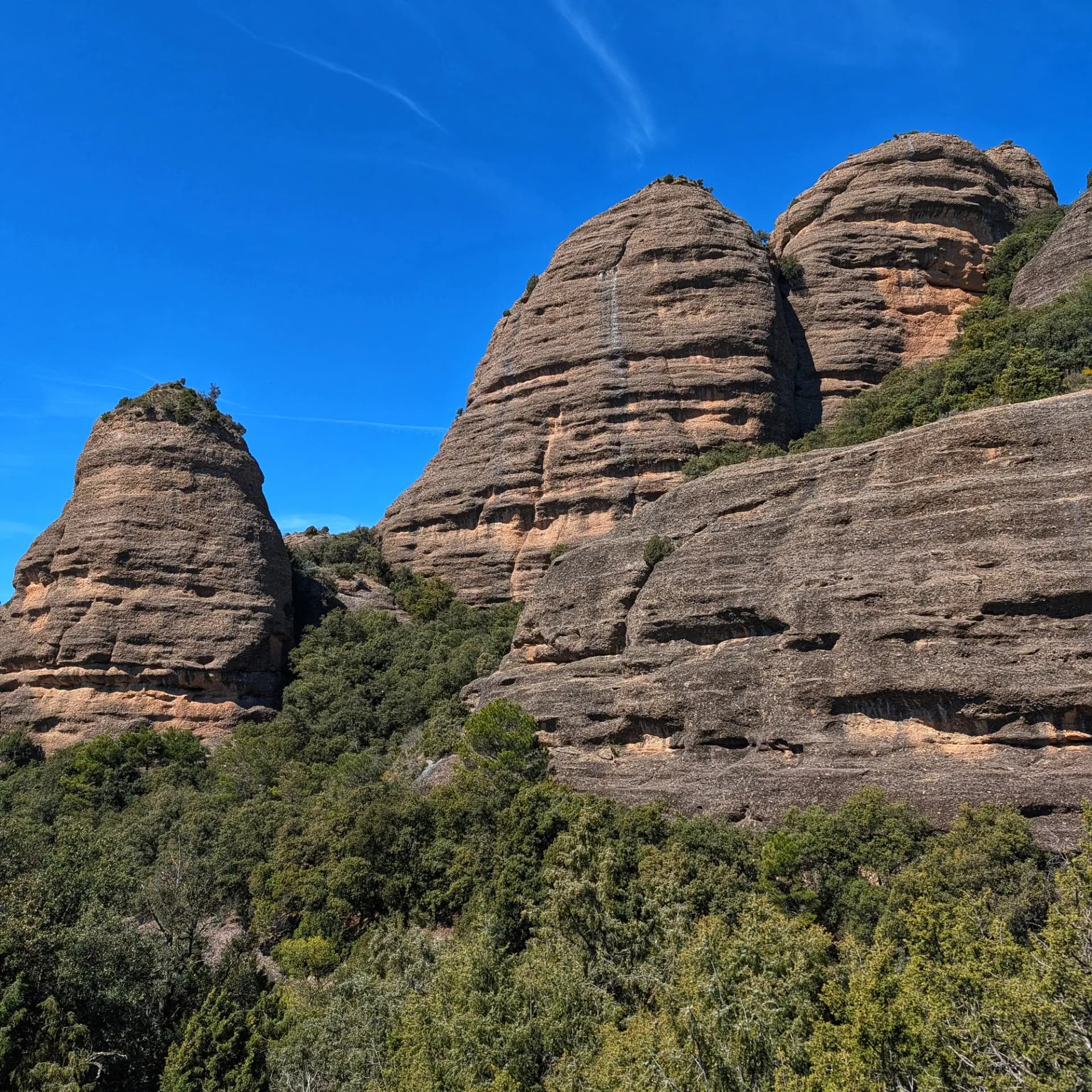 Formacions rocoses estratificades de Sant Honorat, marrons i taronges, amb arbres verds i cel blau clar.