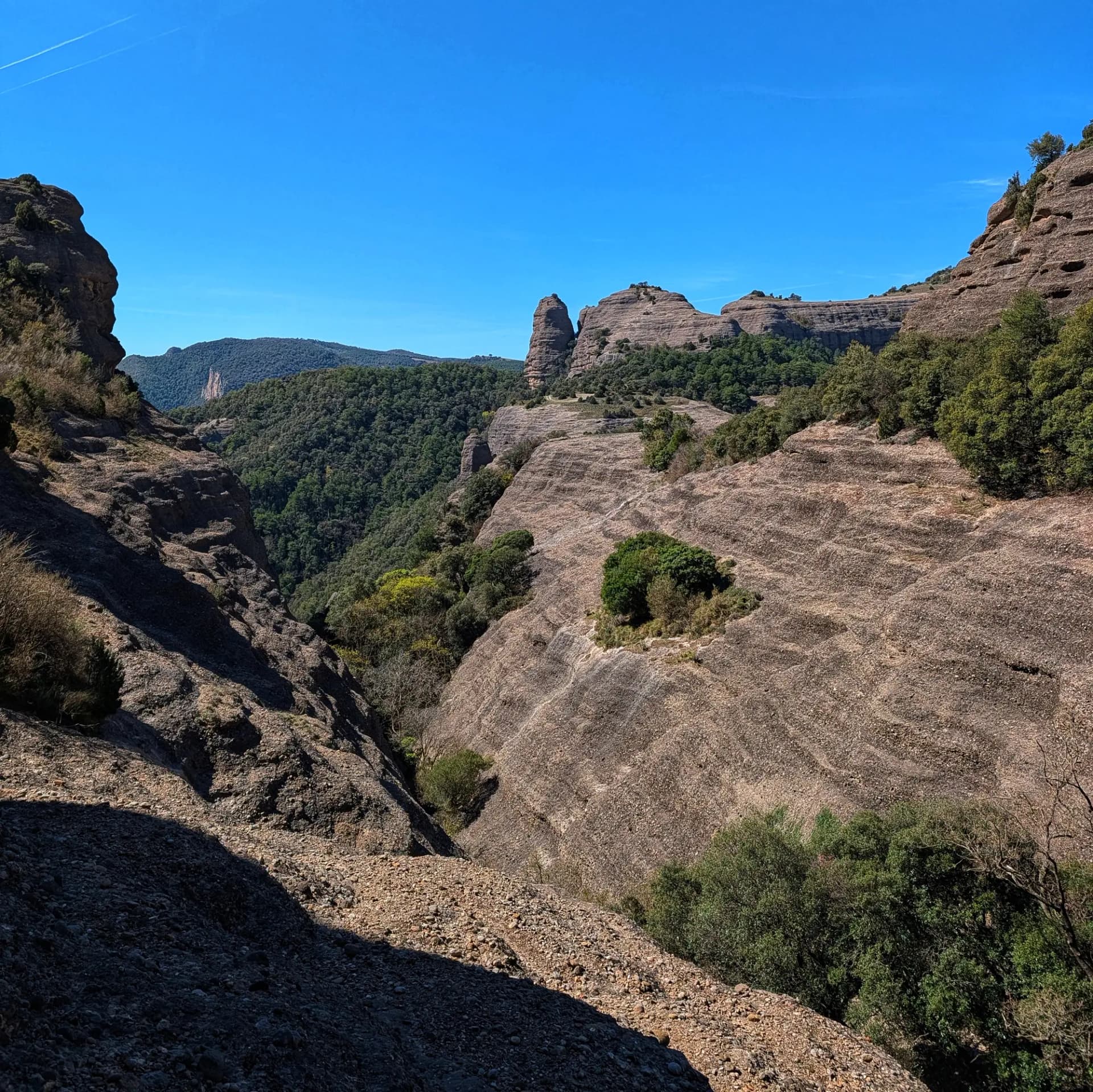 Panoràmica dels barrancs de Sant Honorat amb formacions de roca conglomerada i l'Agulla del Corb sota cel blau.