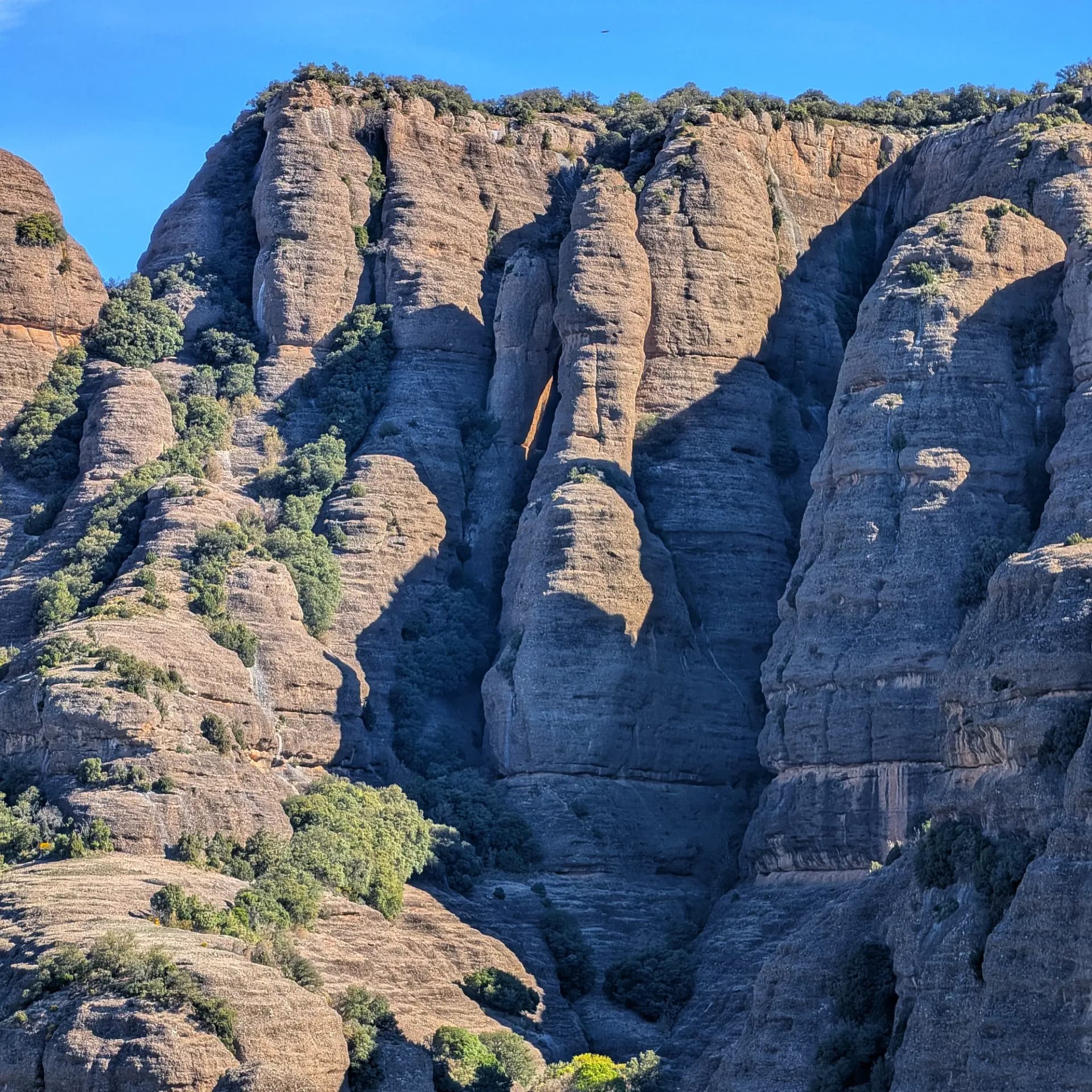 Cingles de conglomerat de Sant Honorat il·luminats pel sol, amb 'la Catedral' i la seva esquerda profunda brillant.