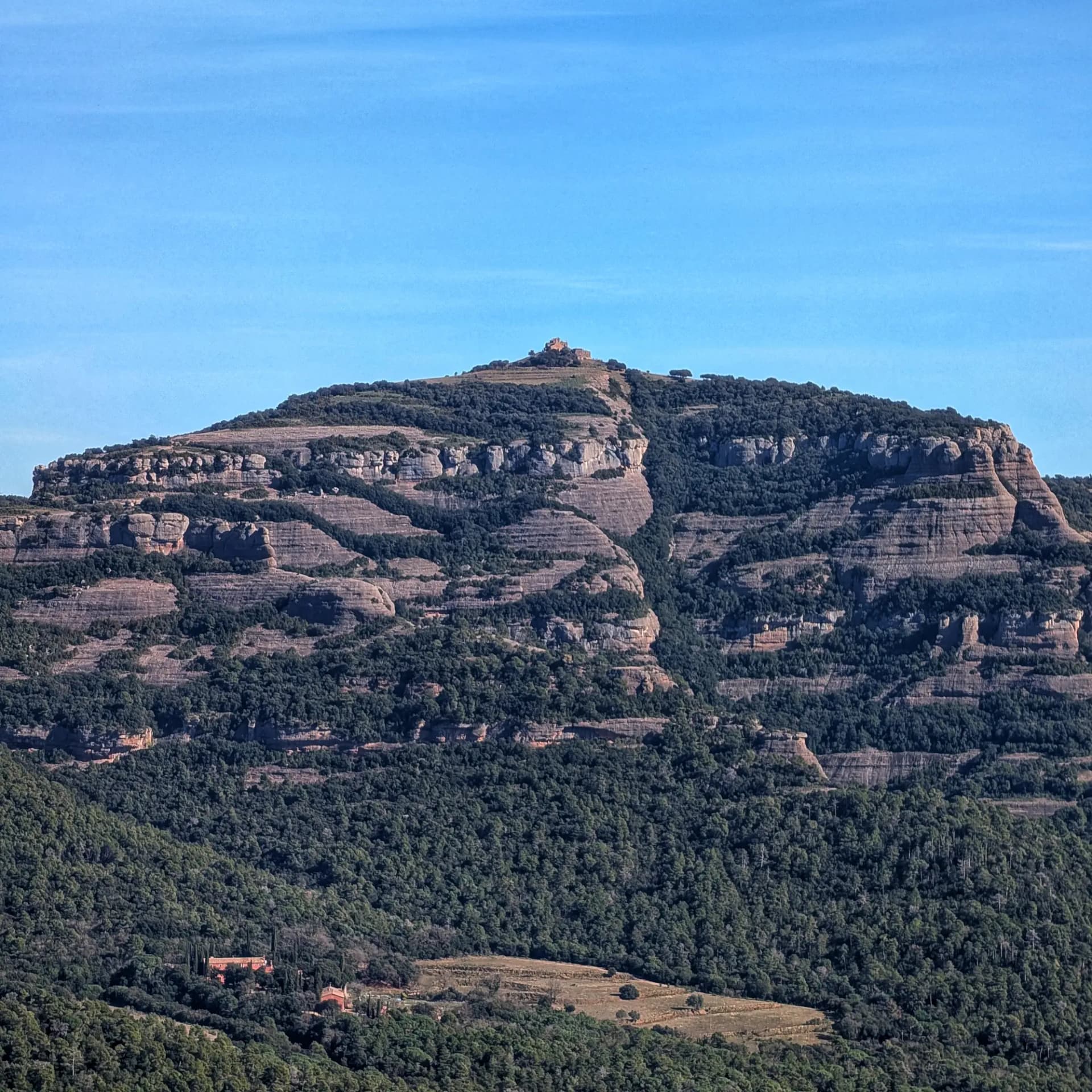 Vista panoràmica de La Mola, amb el Monestir de Sant Llorenç del Munt coronant el seu cim, capturada durant l'ascensió per la ruta al Parc Natural de Sant Llorenç del Munt i l'Obac. La fotografia ressalta les característiques formacions de roca estratificada i el dens bosc mediterrani. La Mola amb el monestir de Sant Llorenç del Munt al cim, penya-segats de roca estratificada i bosc dens verd.