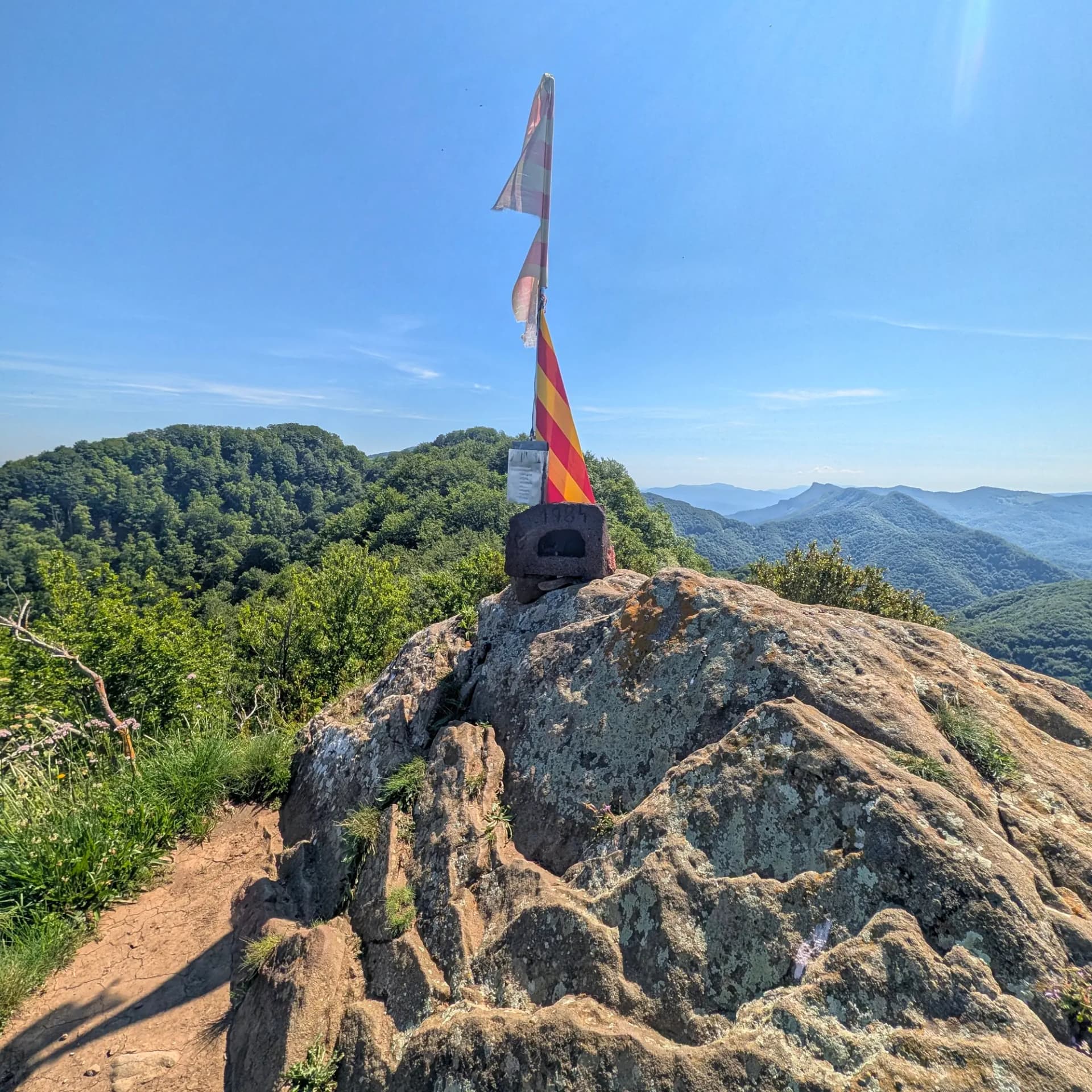 Vista des del cim del Puig de les Àligues, amb senyeres onejant al costat d'un vèrtex geodèsic o fita, i una àmplia panoràmica de les valls boscoses i les serres llunyanes sota un cel serè. Cim rocós del Puig de les Àligues amb senyeres onejant sota un cel blau clar i vista panoràmica sobre boscos i muntanyes.