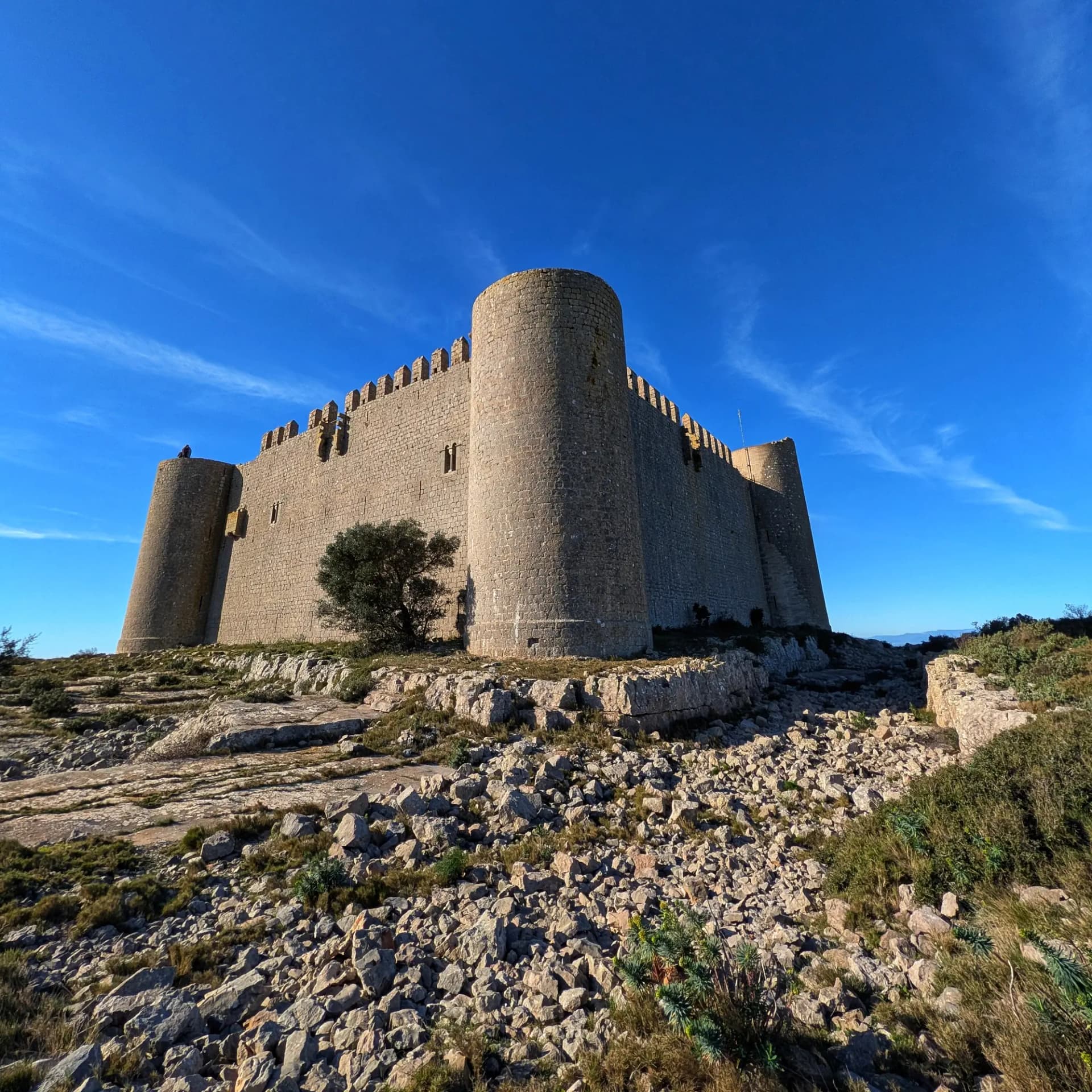 El Castell de Montgrí es presenta imponent amb les seves torres i murs de pedra sobre el paisatge rocós, sota un cel blau clar. Gran castell de pedra medieval amb torres rodones i murs emmerletats sobre un turó rocós sota cel blau clar.