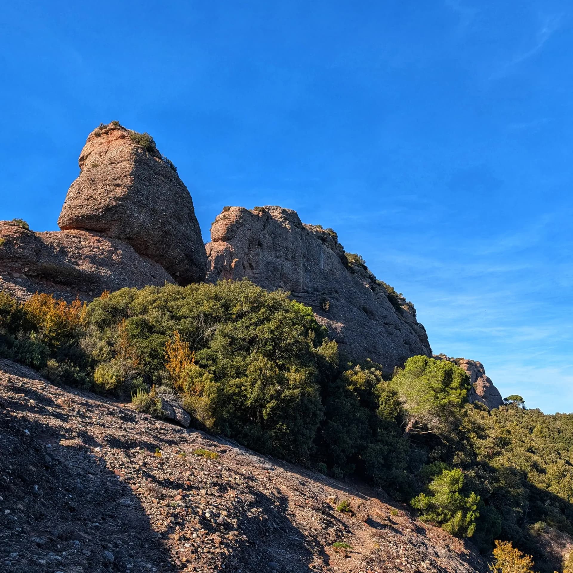 Vista de formacions rocoses de conglomerat i vegetació mediterrània sota un cel blau clar, característiques de la zona de Castellsapera durant una ruta pel Parc Natural de Sant Llorenç del Munt i l'Obac. Formacions rocoses de conglomerat i vegetació mediterrània sota cel blau al Parc Natural de Sant Llorenç.