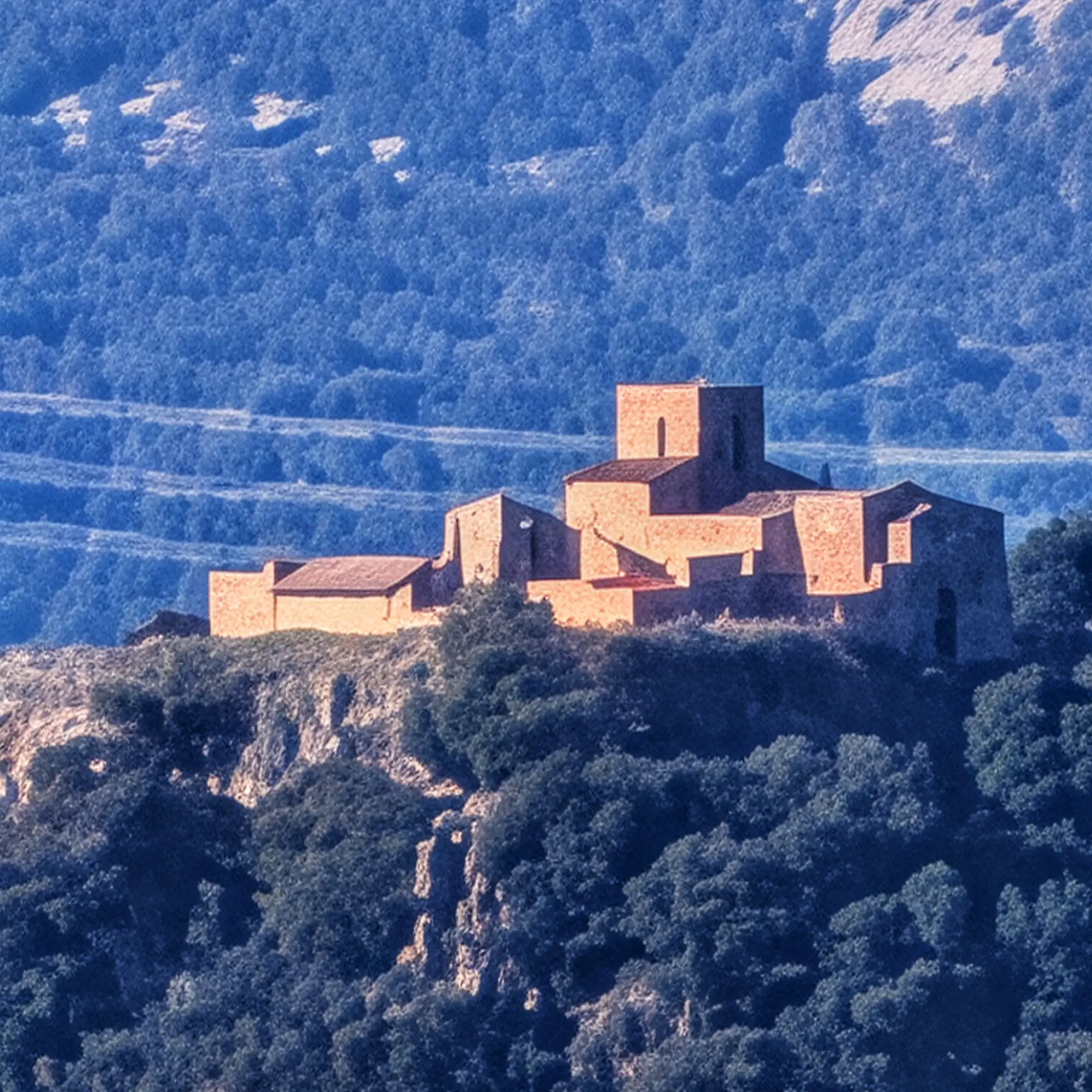 Imatge d'un detall del Castell de Tagamanent, assentat al cim del Turó del Tagamanent, capturat des del Turó del Samont. Detall del Castell de Tagamanent al cim del Turó del Tagamanent, vist des del Turó del Samont.
