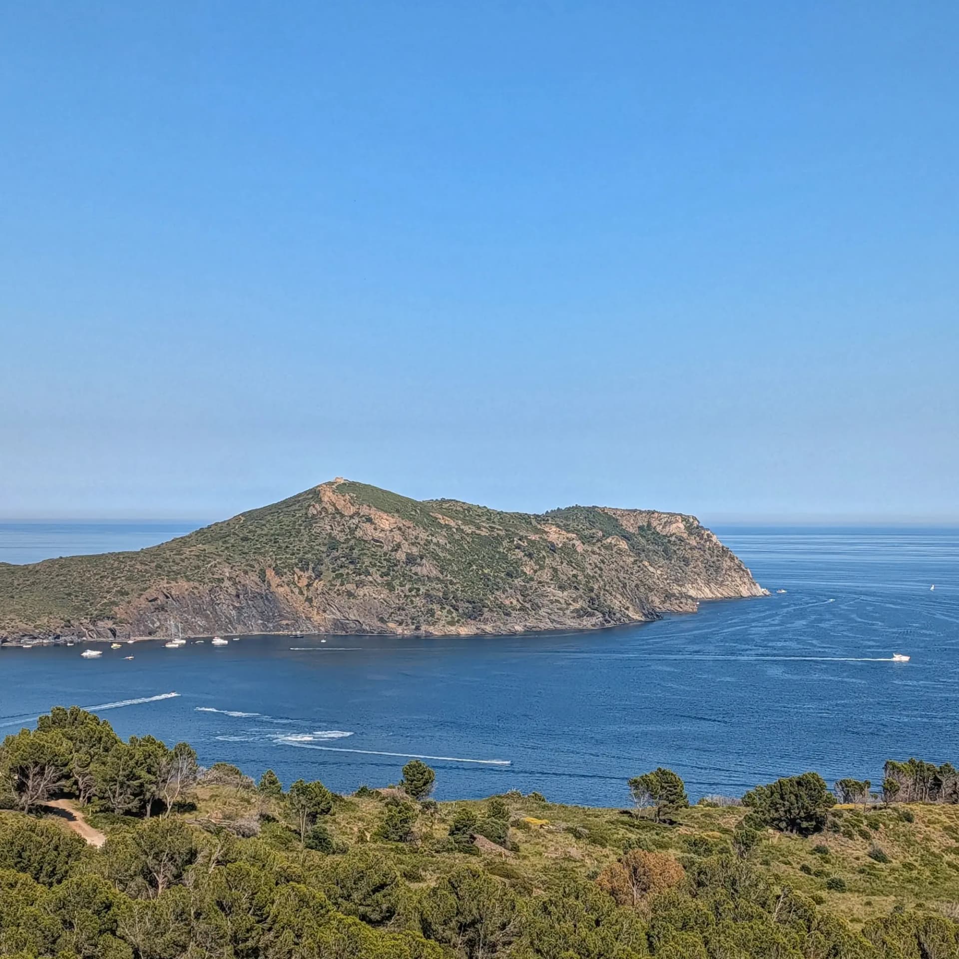 Panoramic view of Cap Norfeu, a rocky peninsula covered in dense Mediterranean vegetation, set against the clear blue waters of the Costa Brava, Catalonia. Several boats are visible navigating and anchored in the sea. Cap Norfeu peninsula with Mediterranean vegetation, clear blue sea with boats, and bright blue sky.