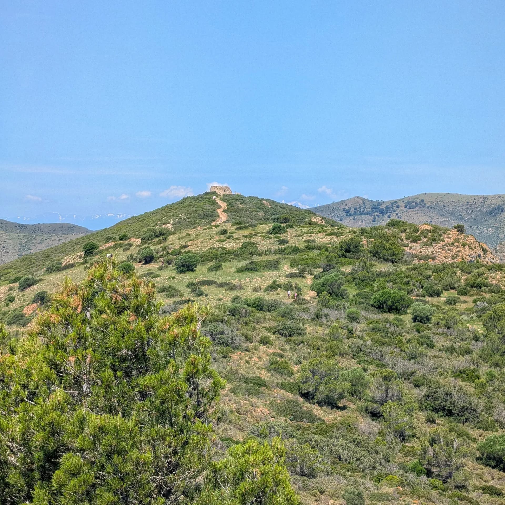 View of the Cap Norfeu landscape featuring the historic Norfeu Tower atop a hill. A winding dirt path leads to the ancient structure, surrounded by Mediterranean vegetation under a clear sky. Panoramic view of Cap Norfeu with Norfeu Tower on a hilltop, Mediterranean vegetation, and clear blue sky.