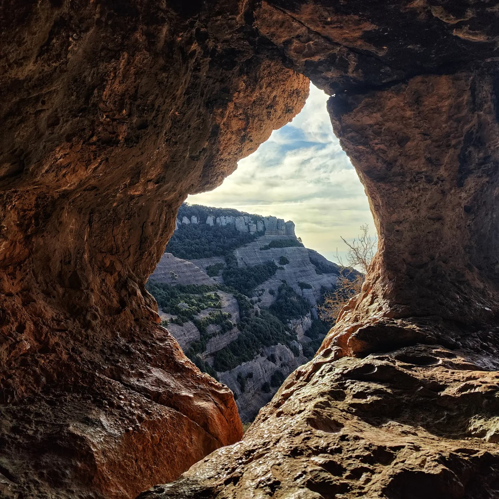 Vista des de l'entrada de les Coves de Sescorts, amb el paisatge muntanyós característic de la zona, ple de formacions rocoses i vegetació, sota un cel parcialment ennuvolat. Vista des d'una obertura de cova, emmarcant un paisatge muntanyós amb vessants boscosos, formacions rocoses i cel ennuvolat.