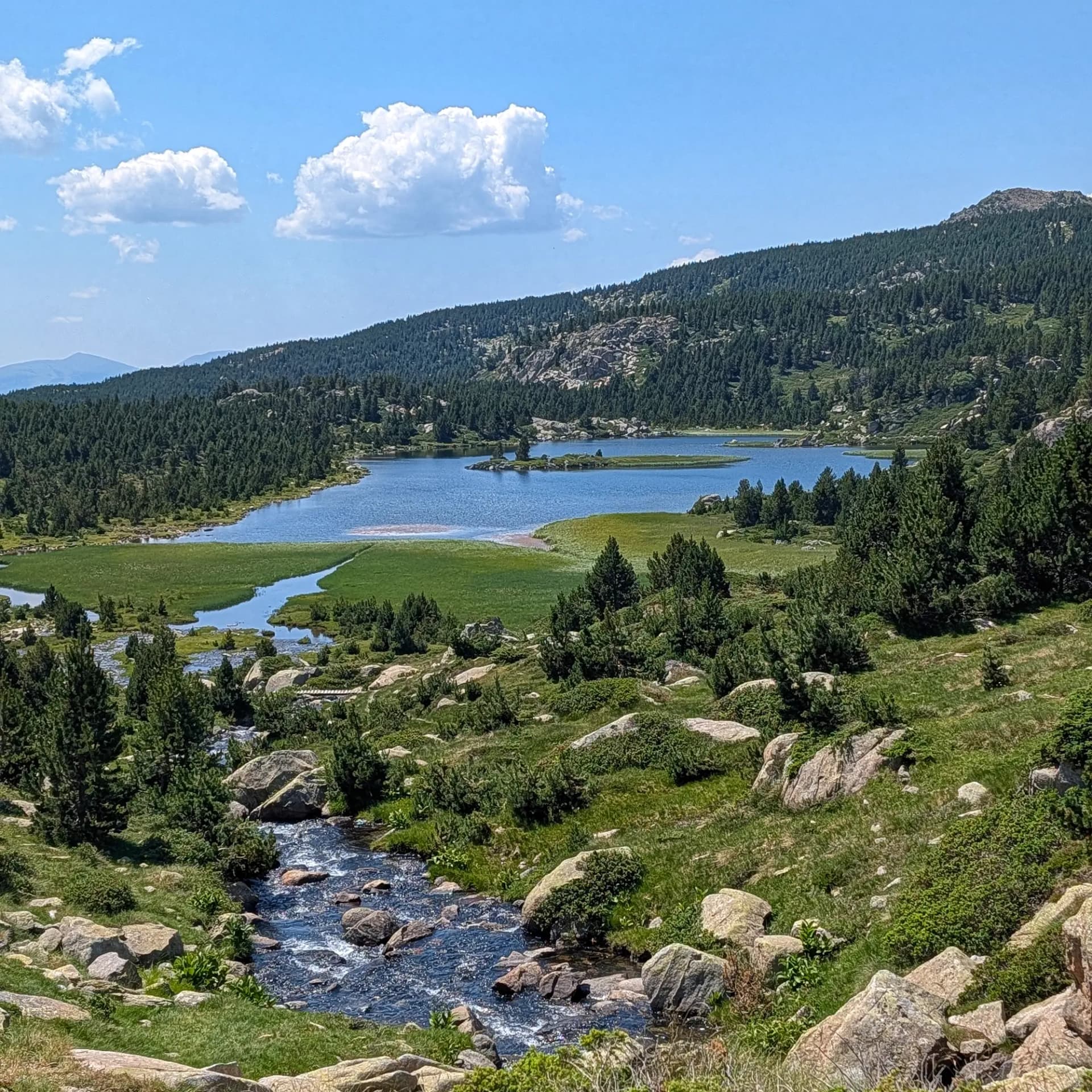 Impressionants vistes a la ruta del Carlit des de les Bulloses per la Carena Castellà. Gaudeix d'un llac alpí, rierols i frondosos boscos de pins sota un cel clar. Paisatge de muntanya amb rierol rocós que desemboca en un llac blau, envoltat de prats verds i boscos de pins sota cel clar.