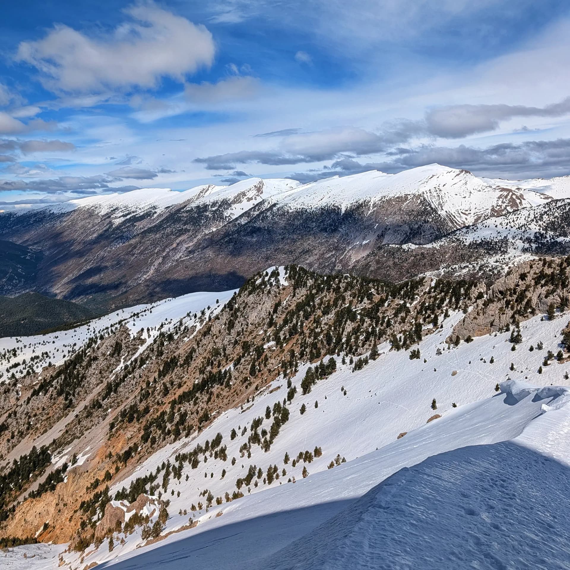 Una vista hivernal capturada des del Massís del Pedraforca mentre s'ascendeix cap al Pollegó Superior, oferint àmplies vistes dels pendents coberts de neu, pins dispersos i els cims distants de la serra del Cadí. Paisatge hivernal de muntanya amb pendents nevats, boscos de pi i els cims del Cadí al fons sota cel blau.