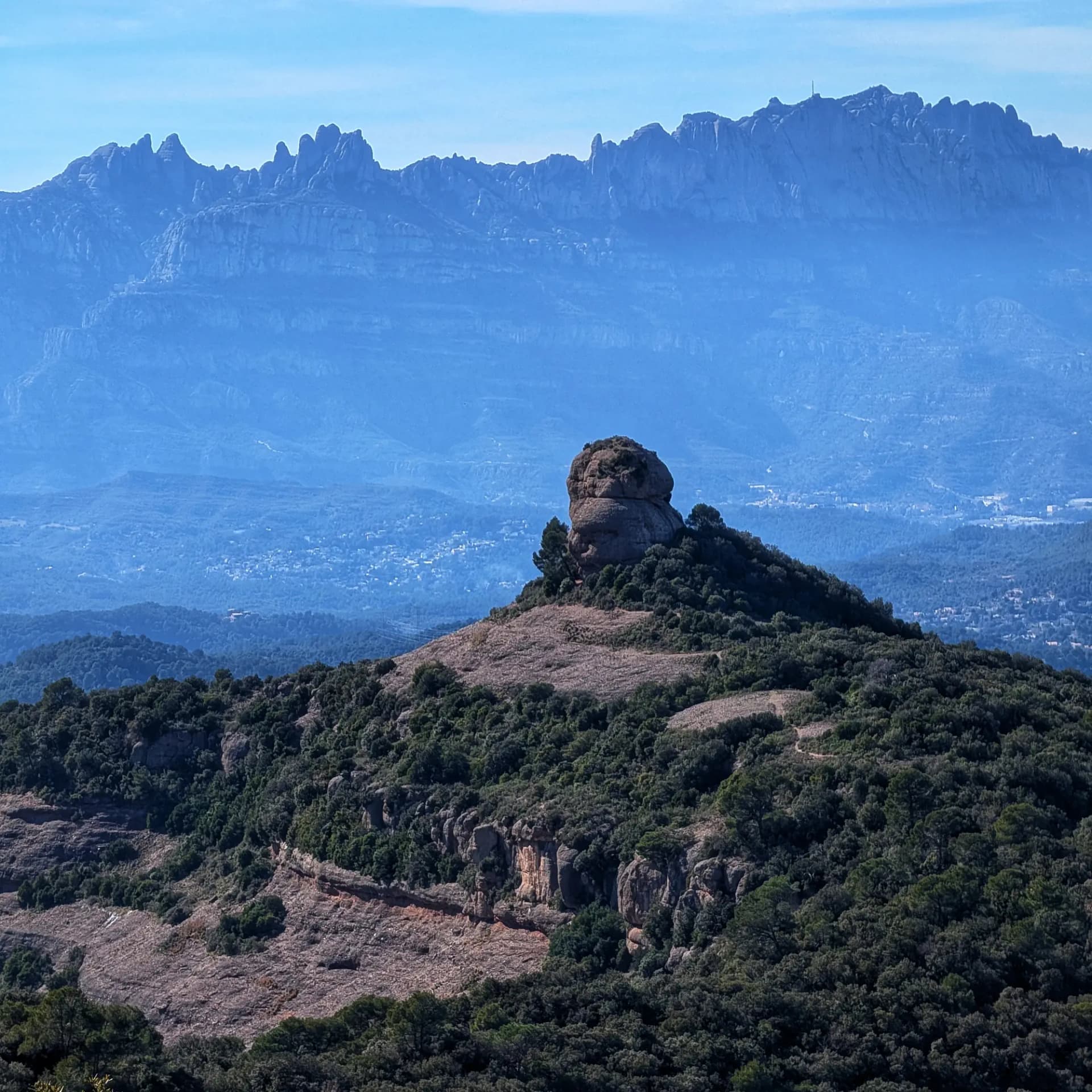 Agullot rocós destacant sobre el paisatge boscós del Parc Natural de Sant Llorenç del Munt i l'Obac, amb la silueta de Montserrat al fons. Fotografia presa durant una ruta que inclou l'ascensió a La Mola, Montcau, Turó de la Pola i Castellsapera. Agullot rocós envoltat de bosc, amb la serralada de Montserrat al fons sota un cel blau.